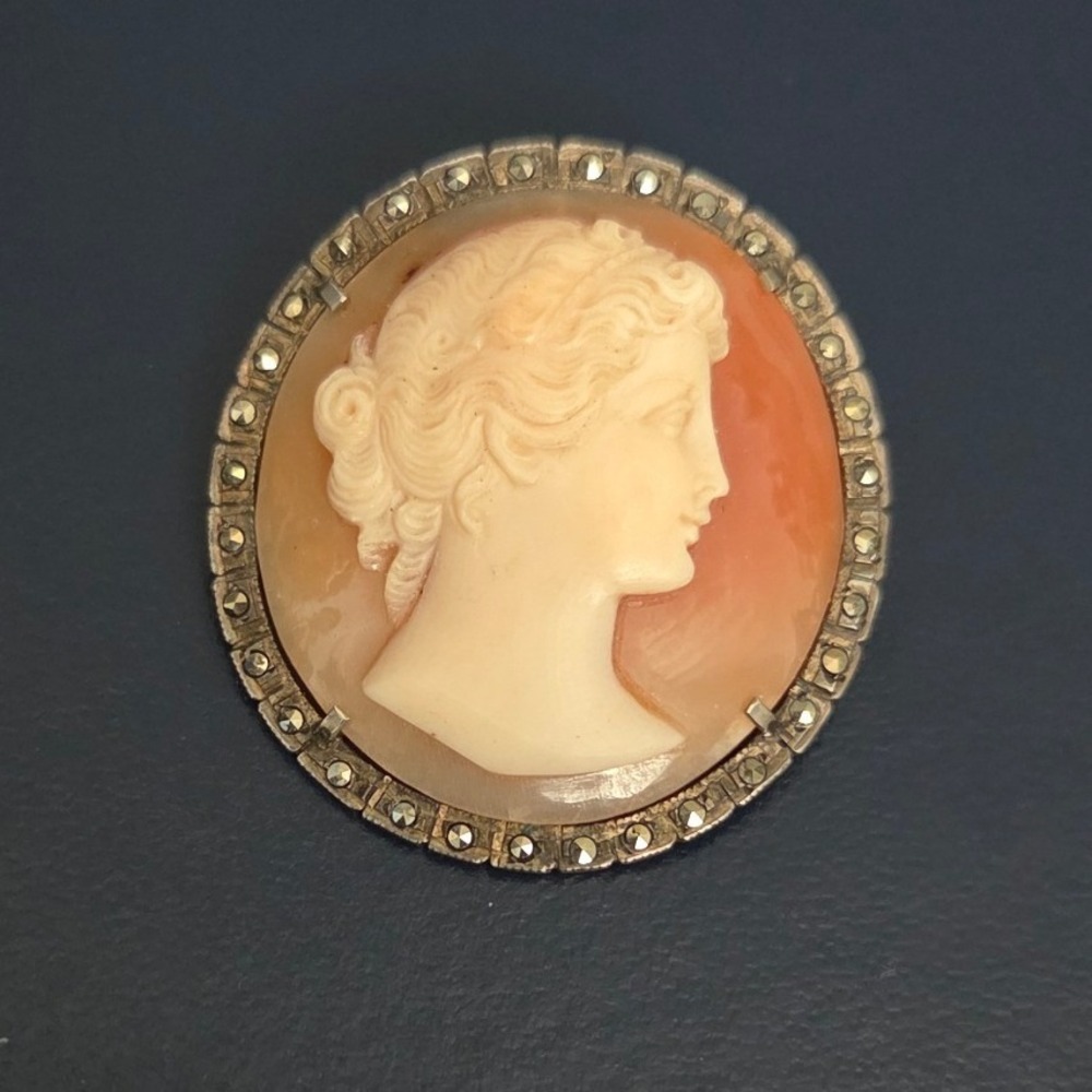 Vintage Art Deco Shell Cameo Brooch Pendant 900‎ Silver Marcasite Hand Carved
